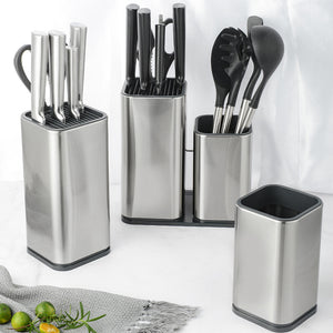 Pruchef - 3 in 1 Kitchen Knife Block & Utensil Storage Holder - Silver