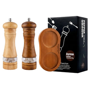 PRUCHEF - Wooden Salt & Pepper Grinder Set with Stand - Brown