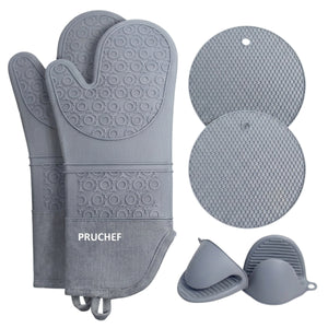 PRUCHEF - 6 Pcs Heat Resistant Silicone Oven Gloves & Pot Holder - Grey