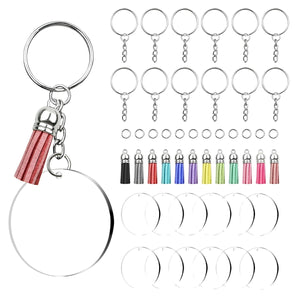 VOLAMOR - 200 Pcs Round Acrylic Key Rings With Tassels Kit For DIY Keychains - Clear