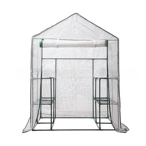 Herqona - 143cm Portable PVC Walk In Greenhouse with 8 Shelves & Rollup Door - Green