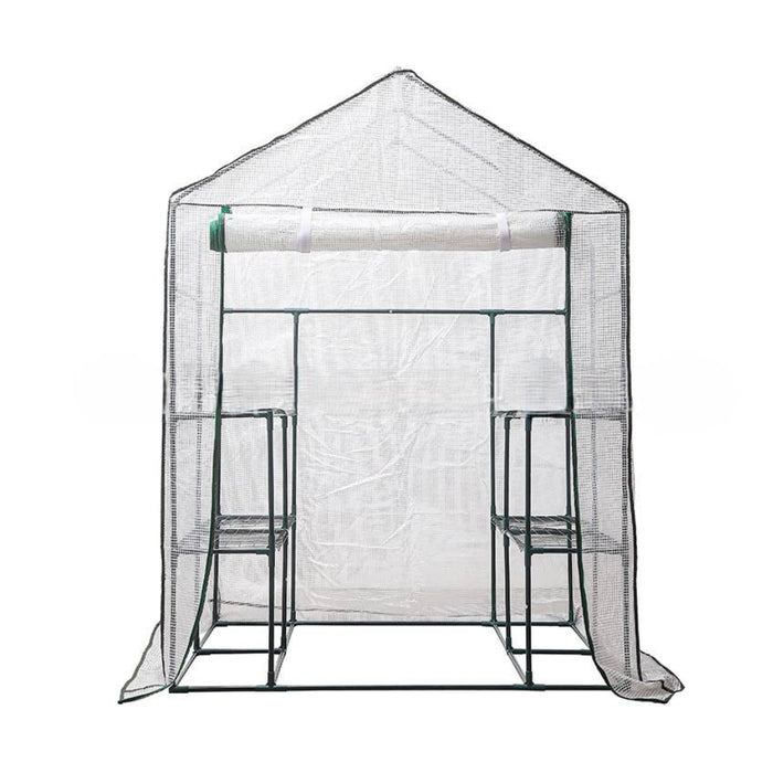 Herqona - 143cm Portable PVC Walk In Greenhouse with 8 Shelves & Rollup Door - White