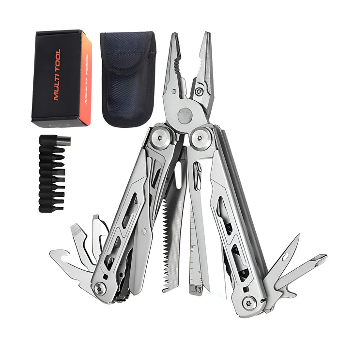 SuaTools - 14 in 1  EDC Multi Tool with Pouch for Outdoor & Camping Use - Silver