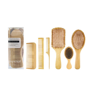 Volamor - 6 Pcs Bamboo Hair Brush and Comb Set for All Hair Types - Natural