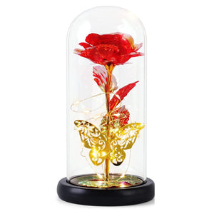 Volamor - 22cm Rose in Glass with Gold LED Light & Wooden Base - Red