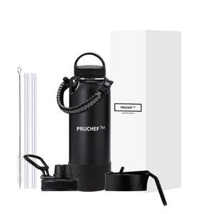 Pruchef - 1.2L Stainless Steel Double Wall Water Flask With 3 Lids - Black