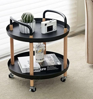 Pruchef - 2 Tier Round Rolling Utility & Serving Cart with Solid Wood Legs - Black