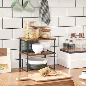 Pract Pack - 2 Pcs Adjustable Wood & Iron Kitchen Counter Shelf Organizer - Brown