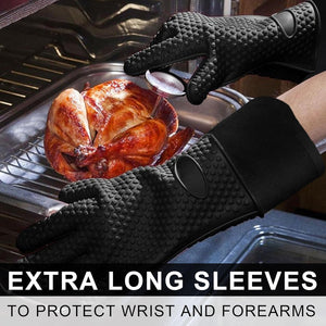 Pruchef - 1 Pair Silicone Heat Resistant BBQ & Braai Gloves with Hanging Loop – Black