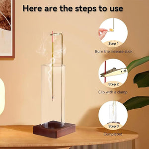 Pruchef - Wooden Incense Holder with Brass Clip & Glass Ash Catcher – Brown