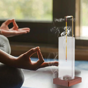 Pruchef - Wooden Incense Holder with Brass Clip & Glass Ash Catcher – Brown