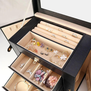 Volamor - 5 Layer PU Leather Jewelry Storage Box with 4 Drawers and Mirror - Black