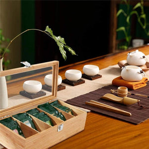 Pruchef - Bamboo Tea Bag Organizer with 5 Compartments and Clear Glass Lid - Natural