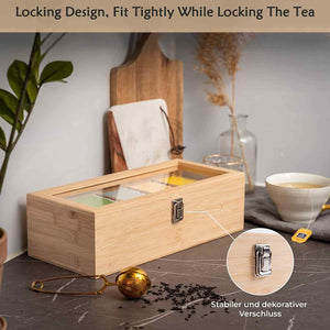 Pruchef - Bamboo Tea Bag Organizer with 5 Compartments and Clear Glass Lid - Natural