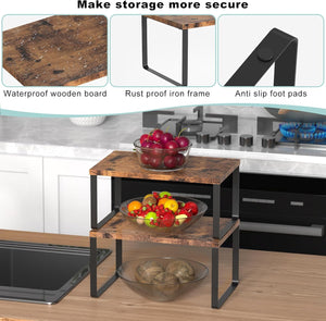 Pract Pack - 2 Pcs Adjustable Wood & Iron Kitchen Counter Shelf Organizer - Brown