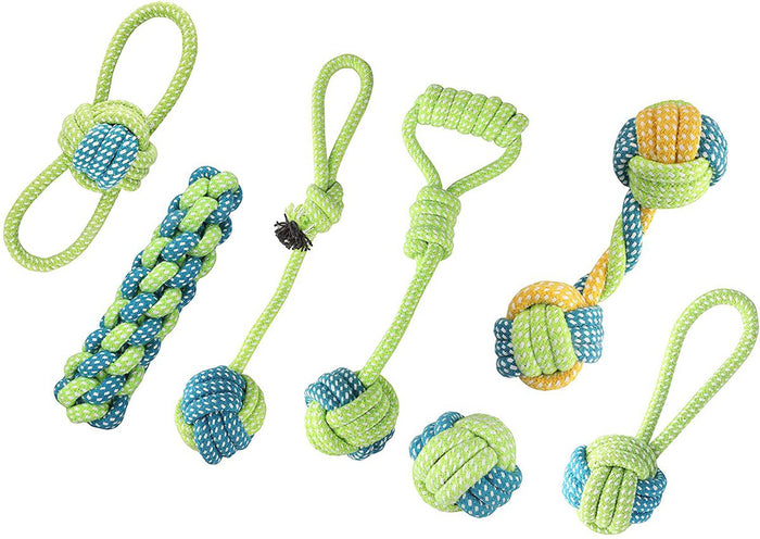 WigWagga - Cotton Rope Teeth Cleaning Chew Toy for Dogs - 7 Piece - Green