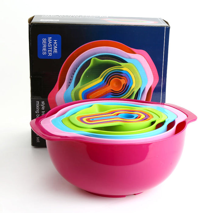 Pruchef- 10 Pieces Nested Mixing Bowl Set Includes Mixing Bowls Colander Strainer Sieve Measuring Cups and Spoon- Multi-colour