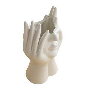 Herqona-  Human Face Art Ceramic Vase, Modern Sculpture White Planter Pot - White