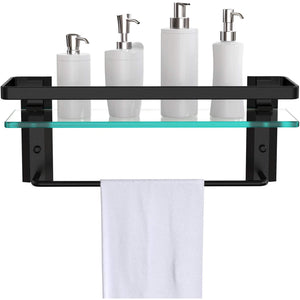 Wall Mounted Stainless Steel Glass Bathroom Shelf Towel Rack - Black