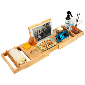 Pract Pack - Bamboo Bath Tray, Bath Caddy with Book and Phone Holder