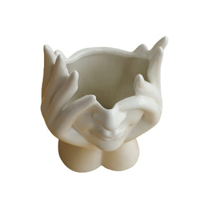 Herqona-  Human Face Art Ceramic Vase, Modern Sculpture White Planter Pot - White