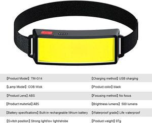 GajToys- Rechargeable LED COB Headlamp, Waterproof Battery Powered with 3 Modes - 5cm