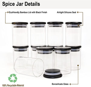 Pruchef - 10pcs Glass Spice Jars With Black Lids 150ml - Transparent