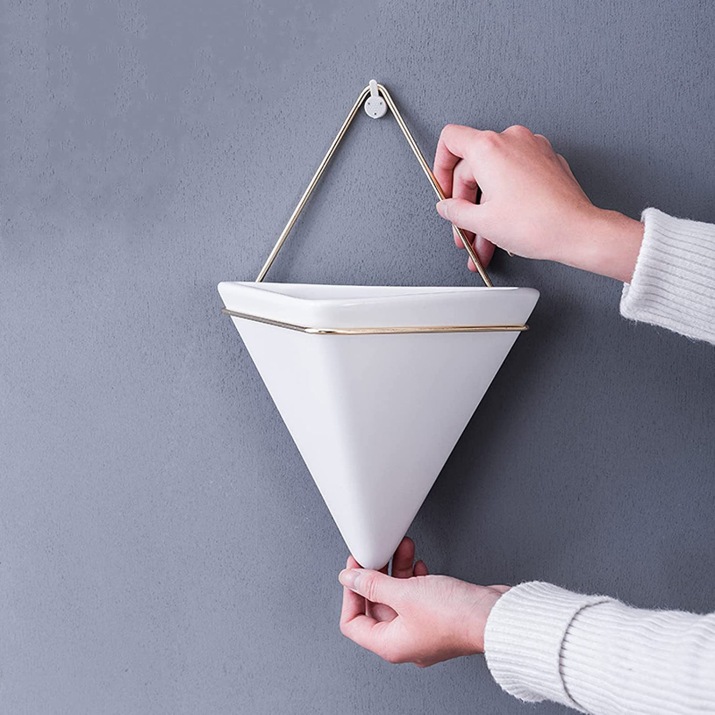 white geometric hanging planter Volamor- Geometric Wall Mounted Flowerpot Hanging Planter with Metal F – Melika Brands