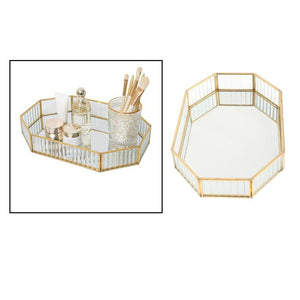 Volamor - Gold Luxury Glass Mirror Ridged Tray, Decor Vanity Piece - 42cm