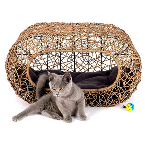 WigWagga- 62cm Fun Stackable Cat Condo Rattan House Enclosed Bed- Brown