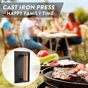 Herqona - Cast Iron Grill Press With Wood Handle, Rectangular Burger Press - Black