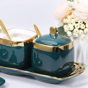 Set of 3- Emerald Glaze Porcelain Condiment Jar Spice Container with Lids - Dark Green