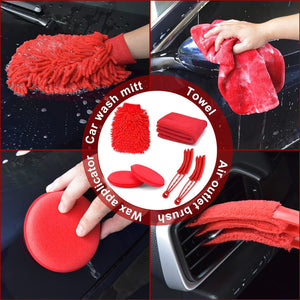 SuaTools -28Pcs Car Detail Cleaning Tools Brush Kit With Storage Bag- Red