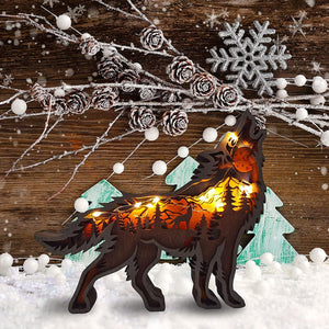 Volamor- 3D Hollow Out Wood Carving LED Wolf Ornaments Decor- 16cm