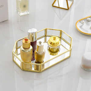 Volamor - Gold  Luxury Smooth  Glass Mirror Tray, Decor Vanity Piece  - 42cm