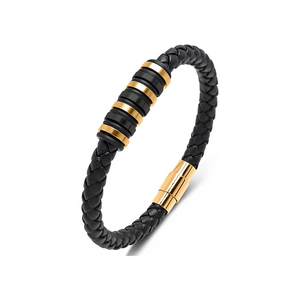 VELTA - Stainless Steel Leather Bracelet with Magnetic Buckle- Black & Gold