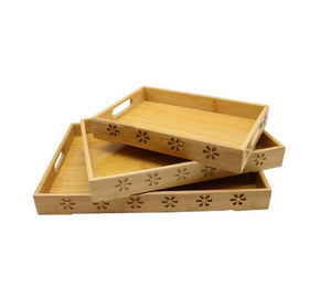 Pract Pack - Set of 3 Bamboo Flower Serving Tray with 2 Handles